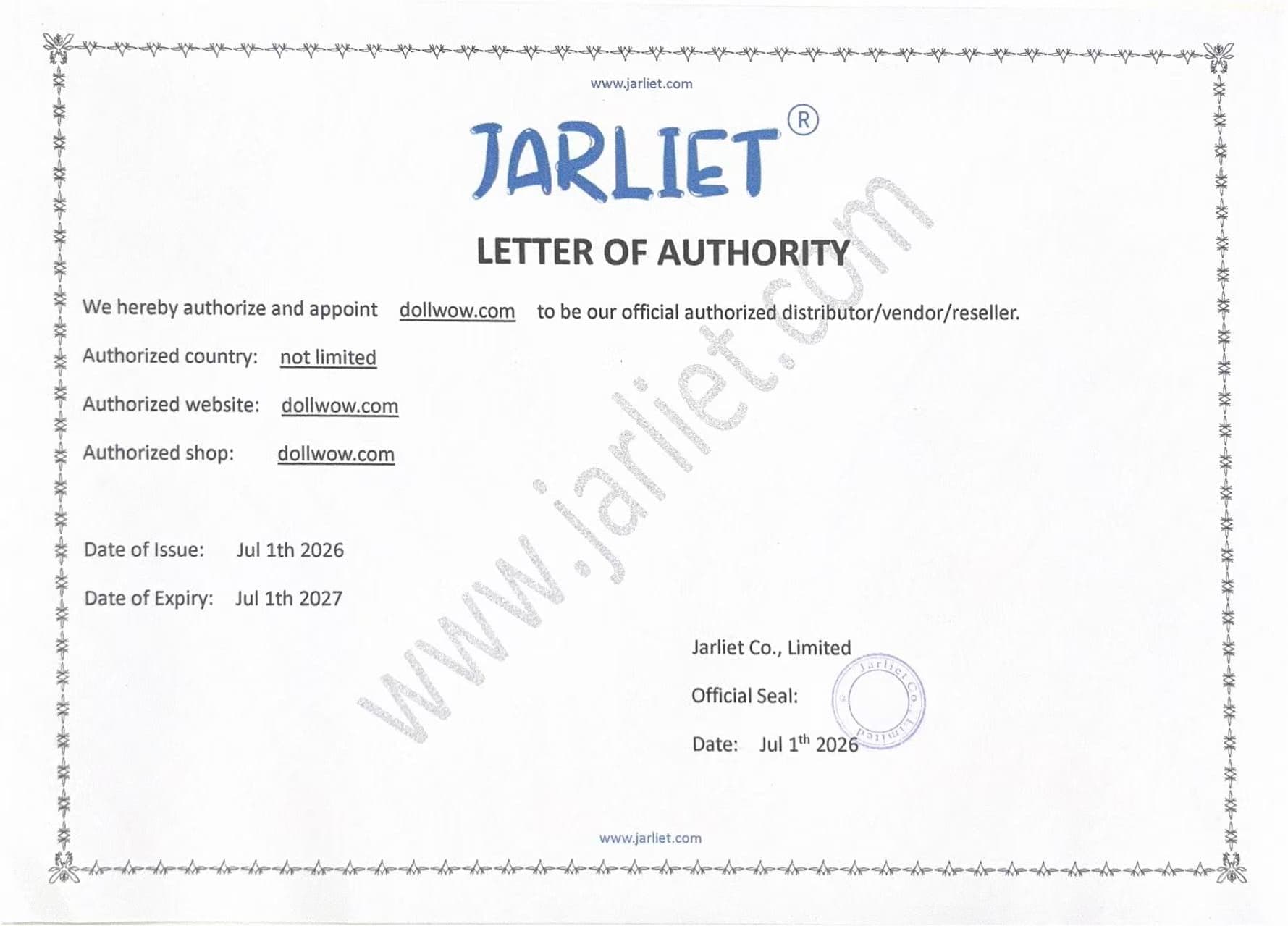 Jarlie authorized vendor certificate