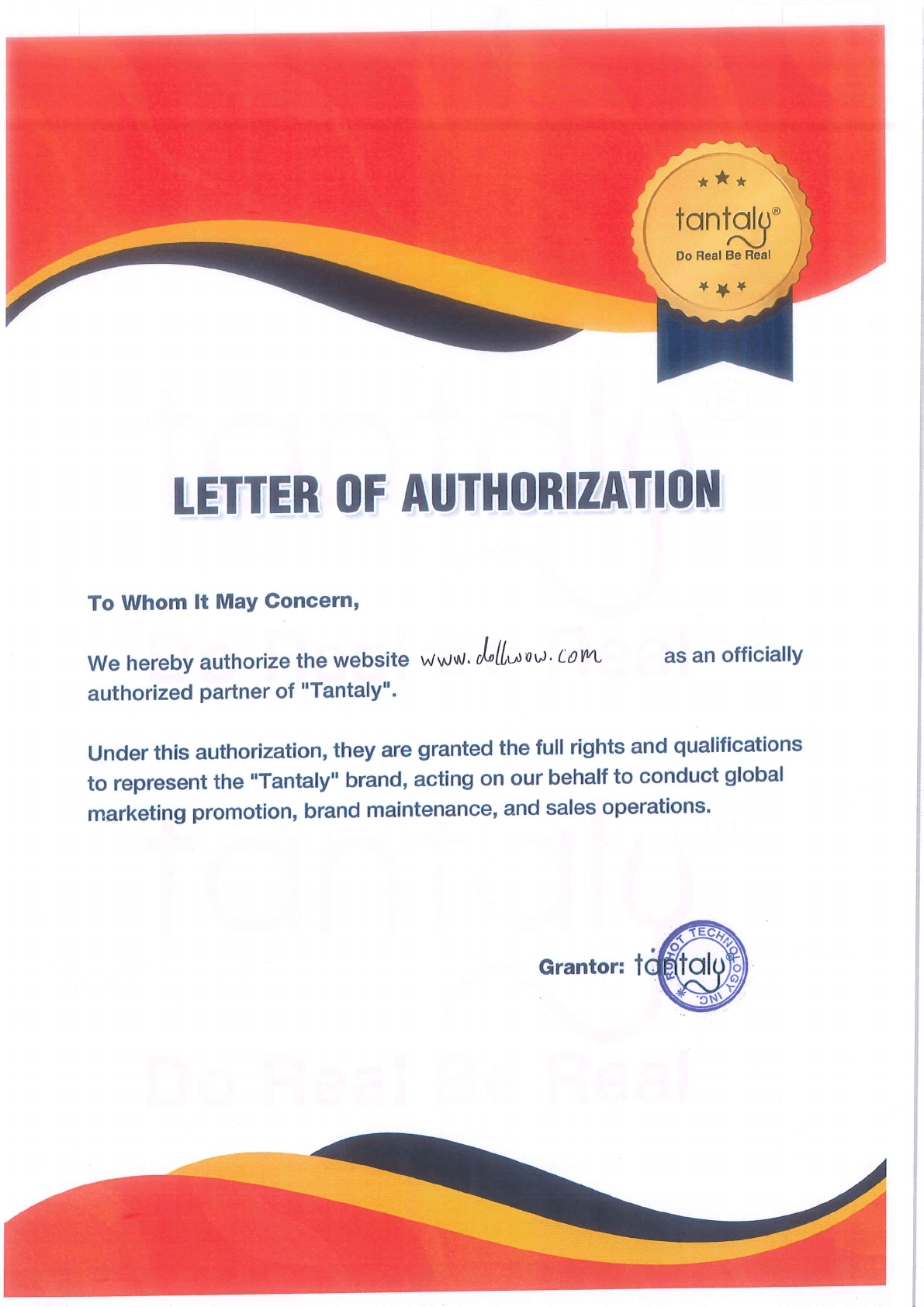 Tantaly authorized vendor certificate