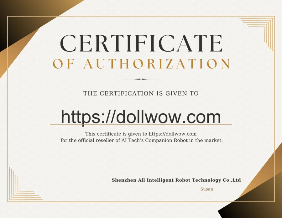 Ai-Tech certification authorizing DollWow as a retailer