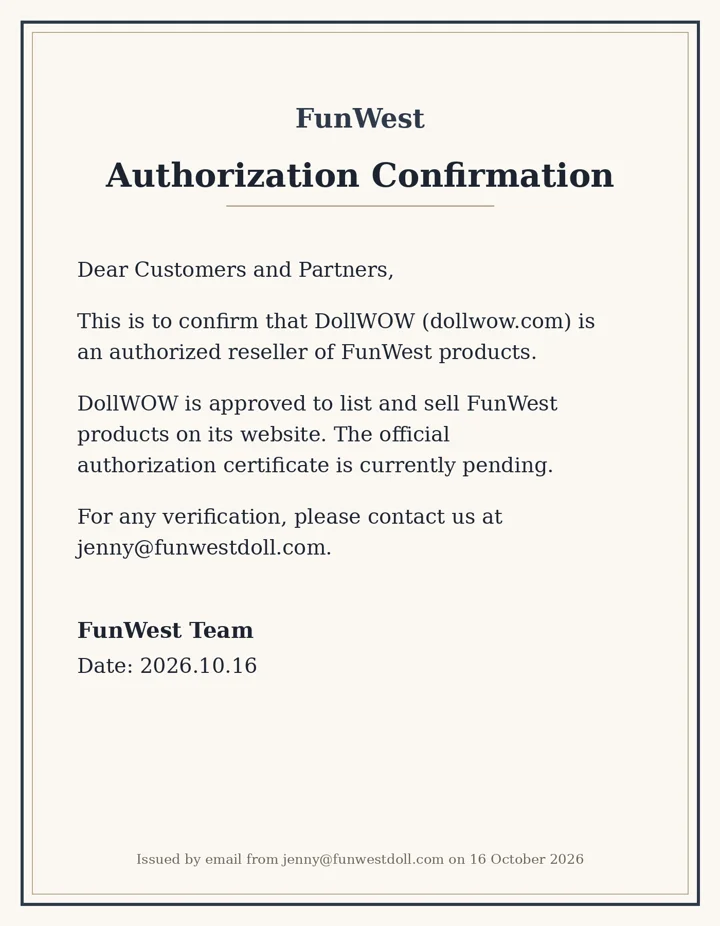 FunWest Dolls letter confirming DollWow as an authorized reseller