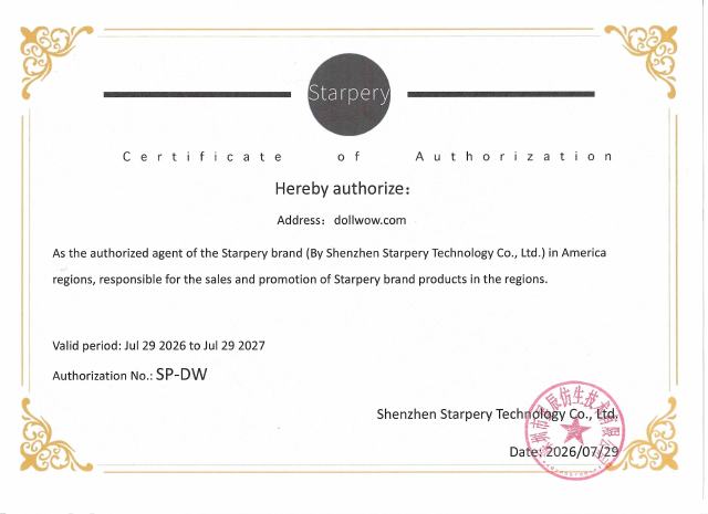 Starpery Dolls certification authorizing DollWow as a retailer