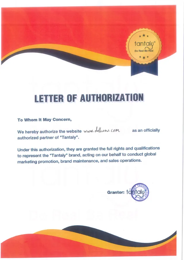 Tantaly certification authorizing DollWow as a retailer