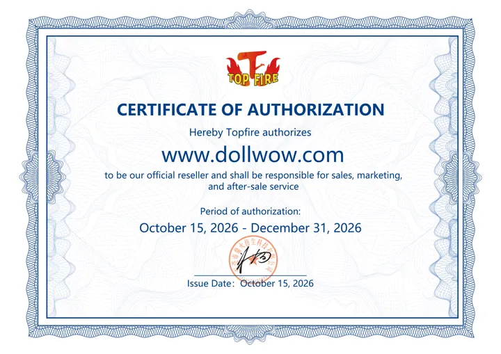 Top Fire Doll certificate authorizing DollWow as a retailer