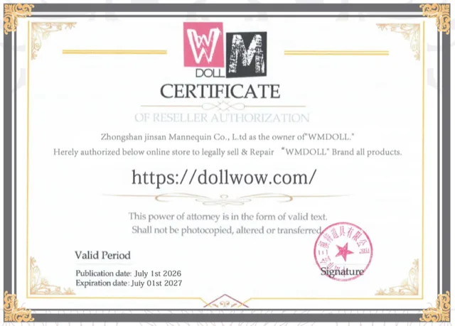 WM Dolls certification authorizing DollWow as a retailer