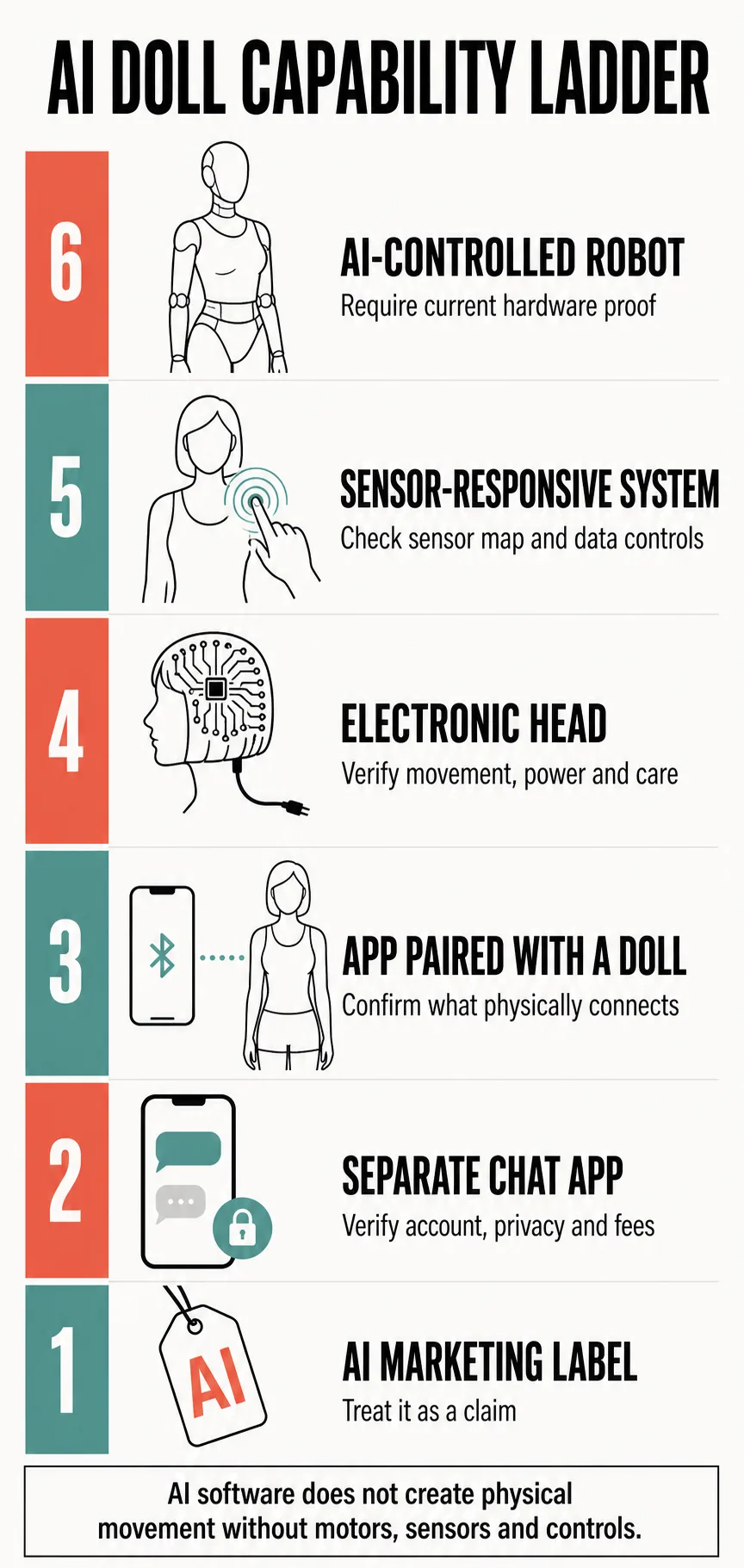 Six-level AI doll capability ladder from an unverified marketing label to a documented AI-controlled robot