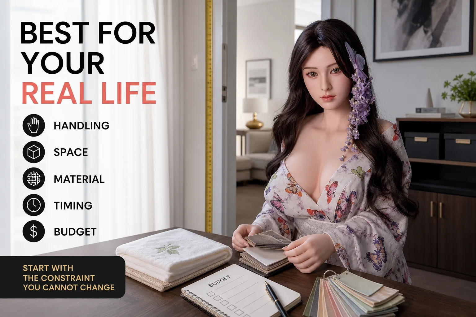 A current Starpery catalog doll in a home-planning studio with handling, space, material, timing, and budget checks