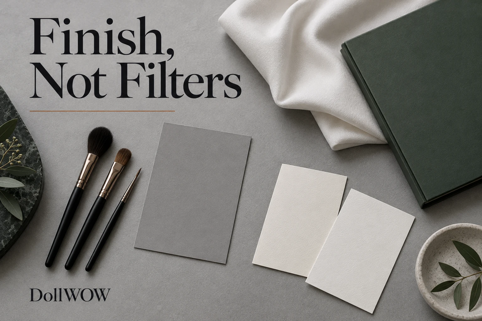Finish-options cover with brushes, a neutral grey card and smooth fabric.