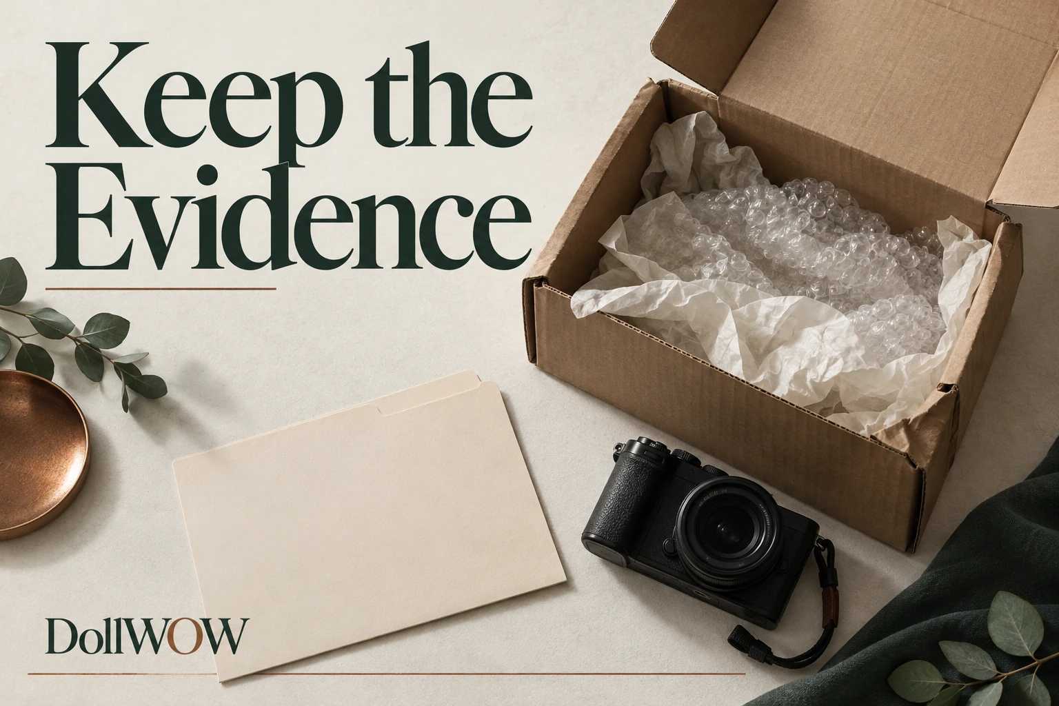 Delivery evidence cover with an opened carton, cushioning, camera and blank folder.