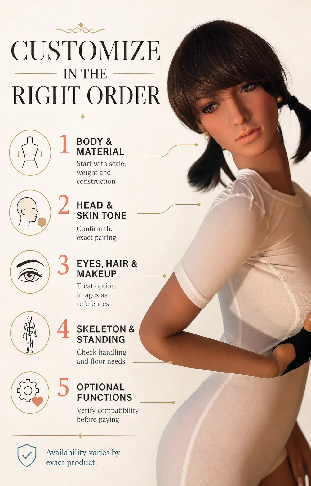 Five-step DollWow customization sequence from body and material through optional functions