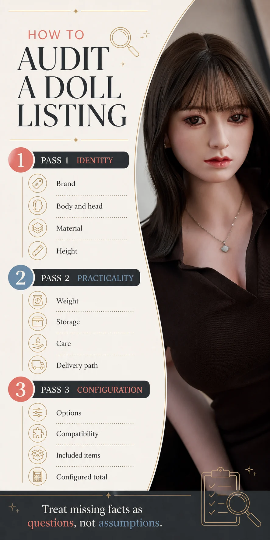 Three-pass DollWow checklist for auditing identity, practicality, and configuration in a doll listing