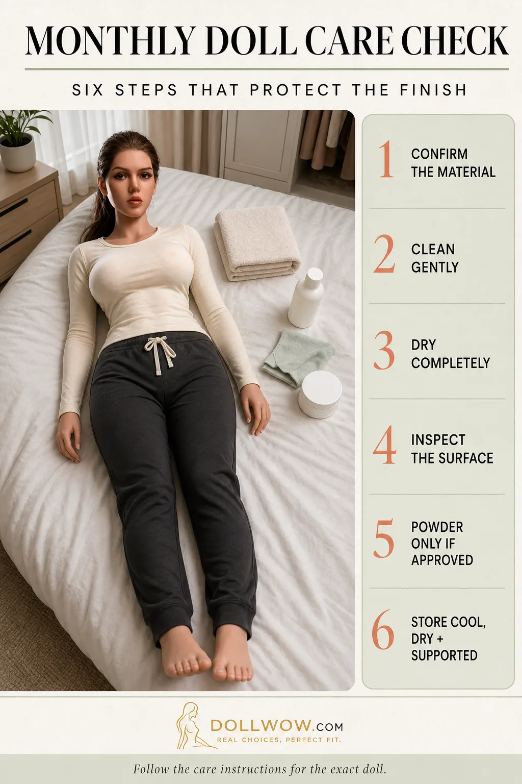 A fully supported clothed catalog doll beside a six-step monthly care checklist for material, cleaning, drying, inspection, approved powder, and storage