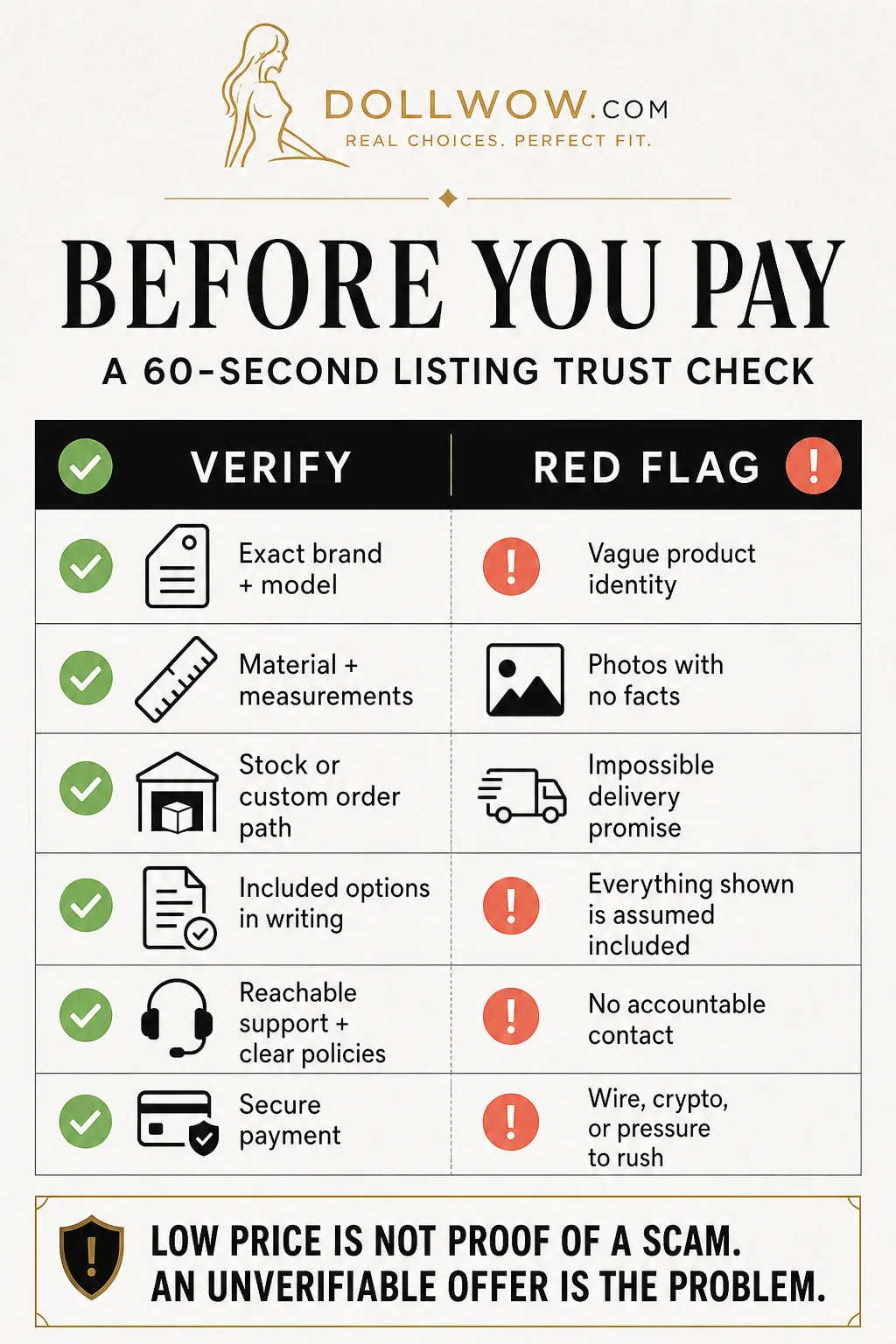A six-point listing trust check comparing verifiable product facts with common seller red flags