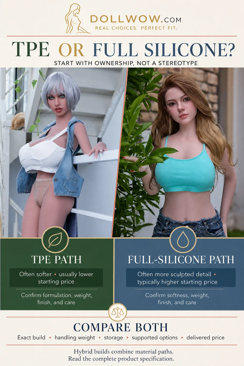 WM Christy TPE doll and Starpery Candy full-silicone doll beside ownership factors for comparing material paths