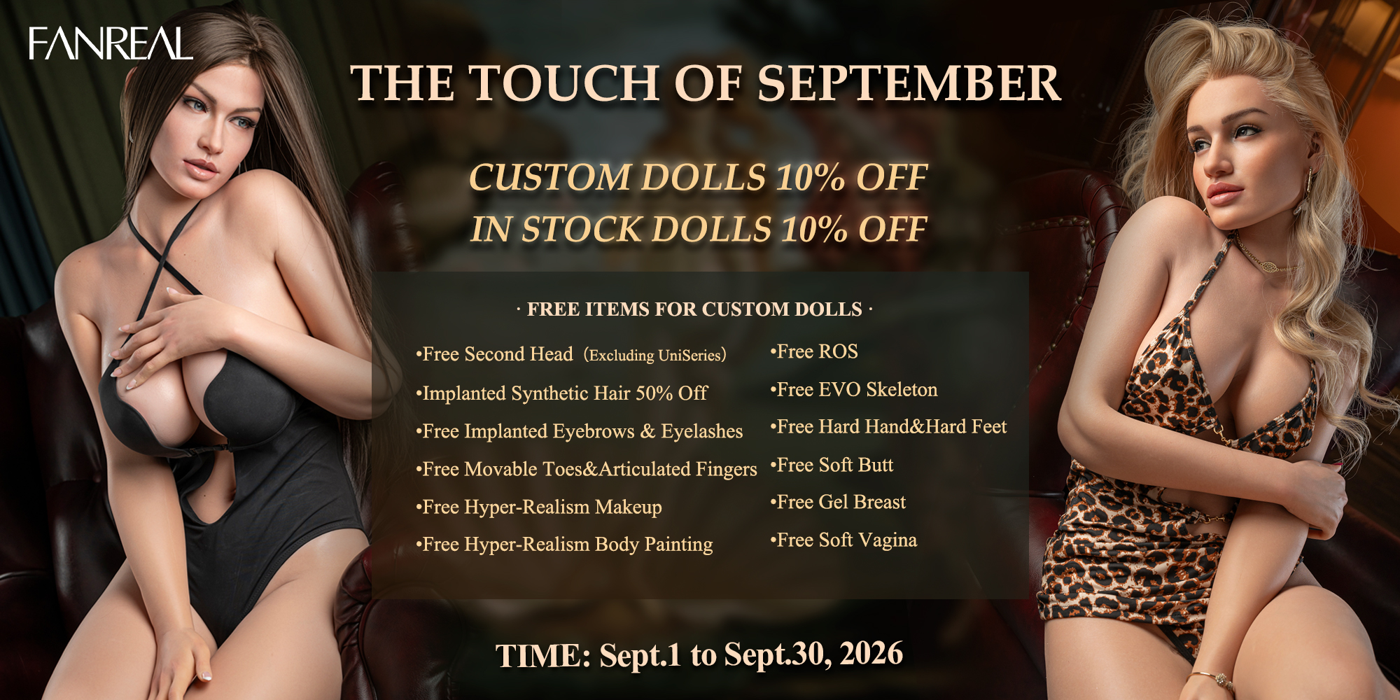 Fanreal September 2026 factory promotion for eligible custom silicone dolls.